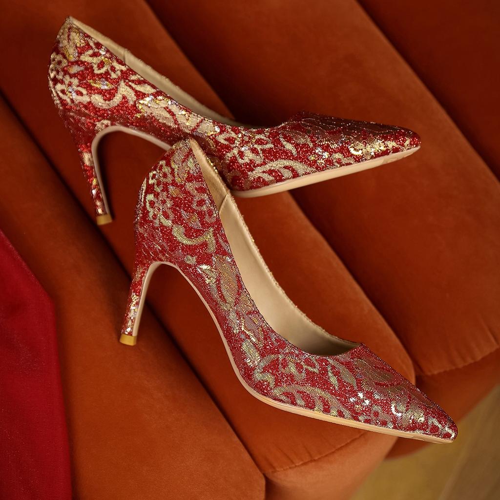 Festive Red Chinese Wedding Shoes Pointed Stiletto Heel Fashion High Heels Women's Embroidered High Quality Women's Shoes