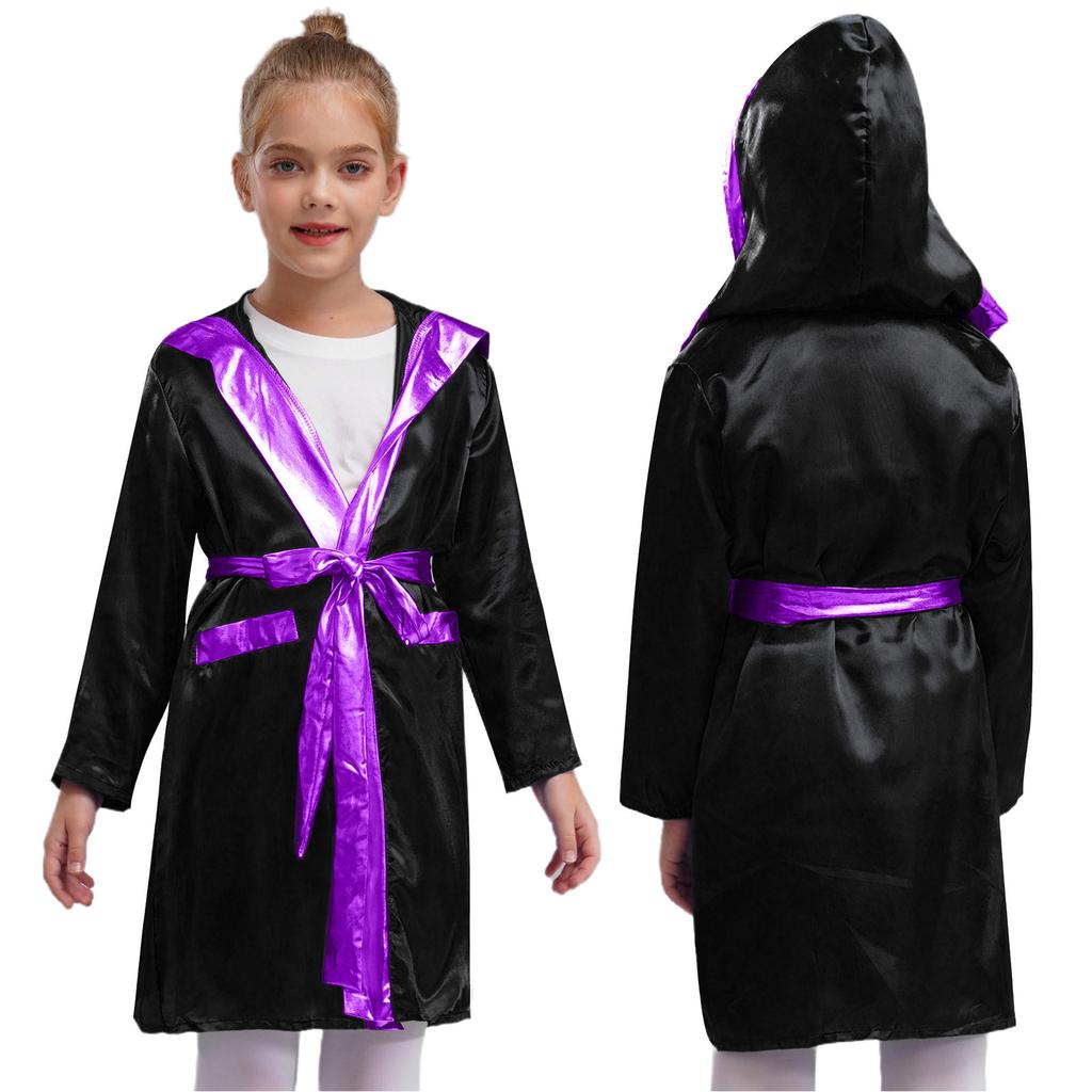 Kids Boys Boxing Robe Thai Kickboxing Costume Long Sleeve Open Front Hoodie Cloak with Belt Workout Sports Fitness Joggers