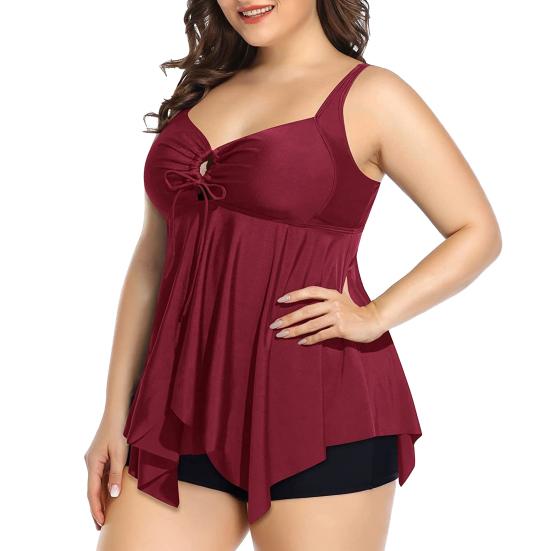 2 шт./комплект женский танкини комплект слинг квадратный воротник струящийся подол разрез купальник плавки костюм быстросохнущий пляжная одежда