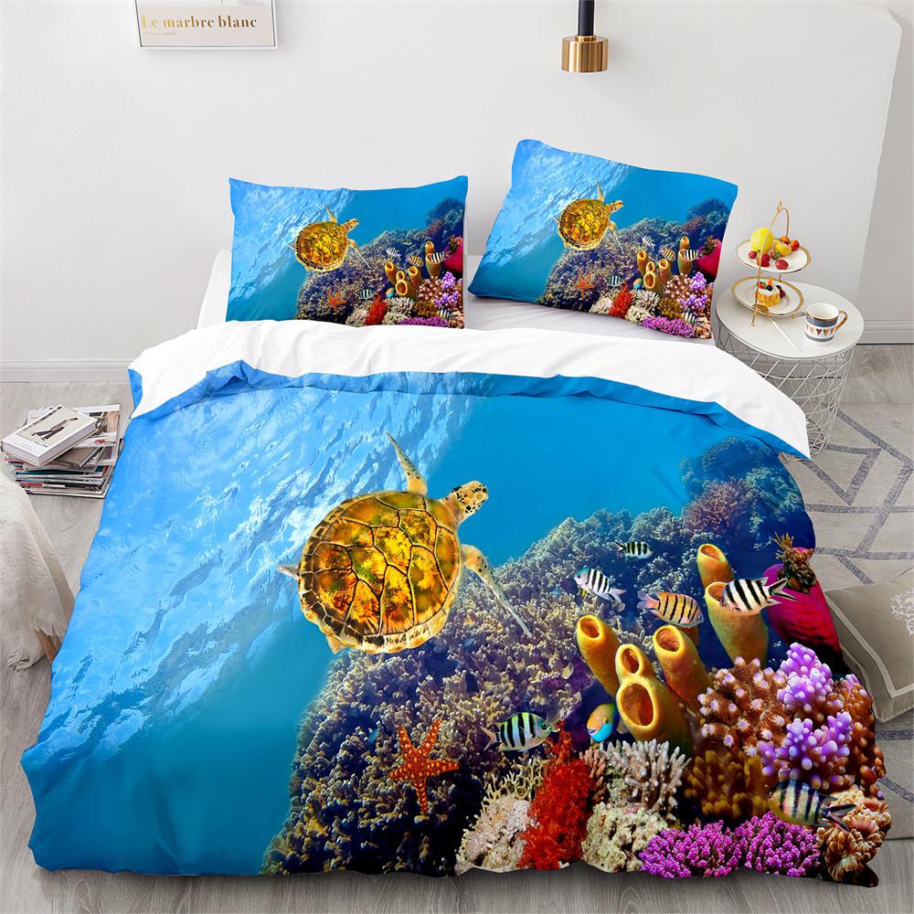 Пододеяльник Подводный мир Кинг Квин Синий Океан Акула Комплект постельного белья для детей Морское животное Коралл Рыба 2/3 предмета Полиэстер Пододеяльник