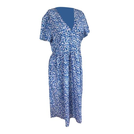 Платье миди в стиле бохо с V-образным вырезом, короткими рукавами, высокой талией, женским платьем с карманами, струящимся подолом, платье А-силуэта