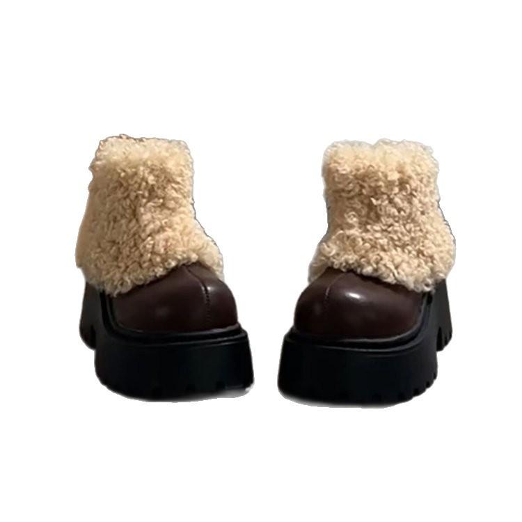 Plush thick-soled fluffy high-heeled short boots women's autumn and winter brown snow boots new cotton boots women's