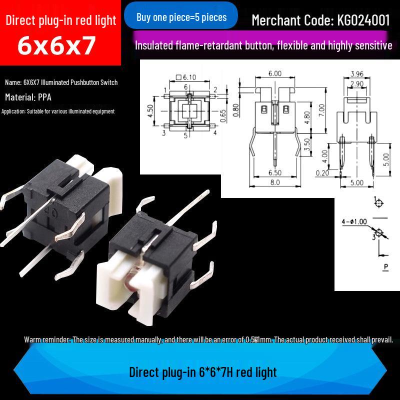LED Luminous Tactile Switch 6x6x7/7.2mm Through-Hole Reset Button