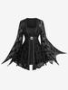 Rosegal Plus Size Bat Mesh Flocking Asymmetric Flare Sleeves Ruched 2 In 1 Belted Top