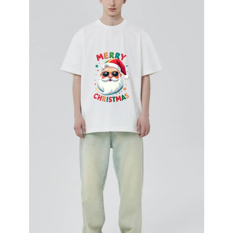 Christmas T-Shirt Black Santa Claus with Sunglasses and Merry Christmas Text Holiday Party Wear