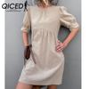 Spring Summer Solid Color Basic O-Neck Button Puffy Sleeve Dress