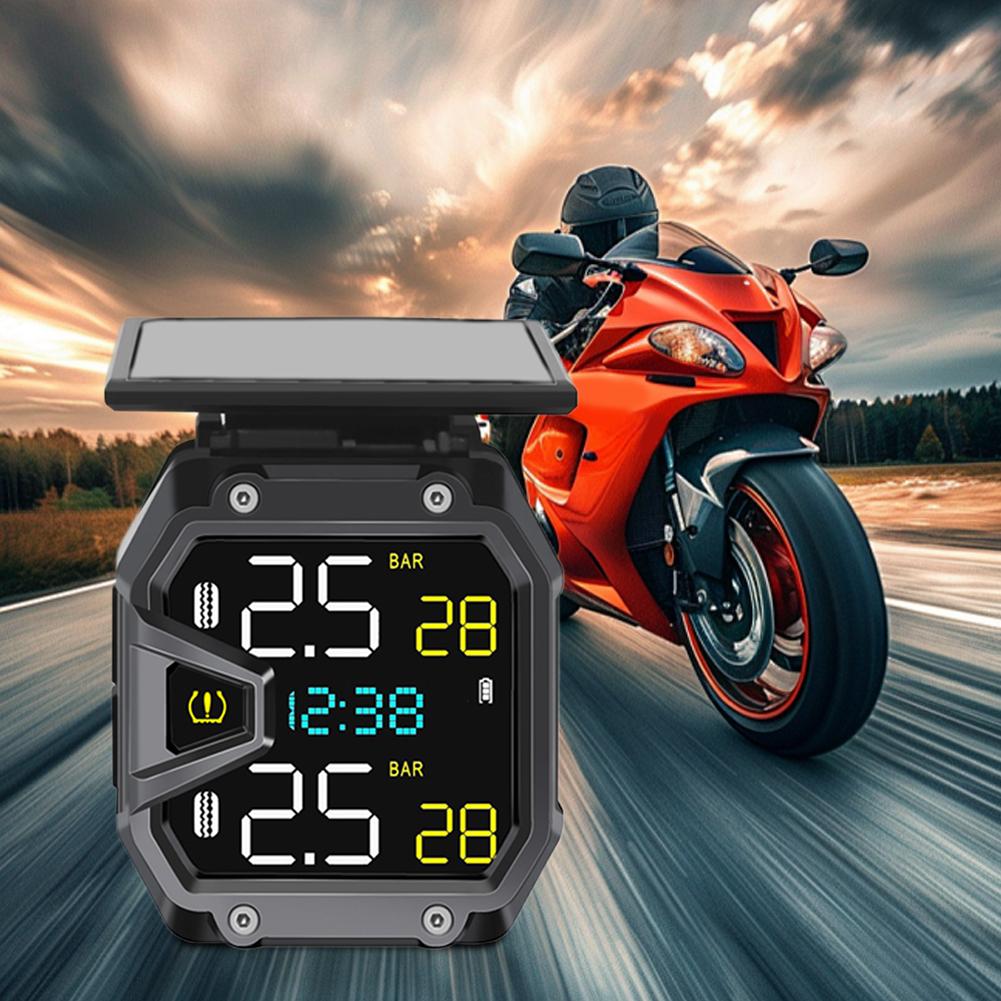 Motorcycle Air Pressure Sensor USB Port Motorcycle Solar Power Tire Pressure Monitor for Outdoor Cycling Sports Accessories