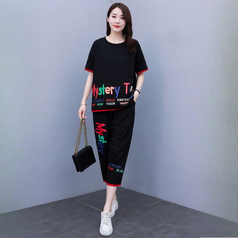 Женская футболка, модный повседневный костюм, летний костюм из двух частей для мамы с укороченными брюками