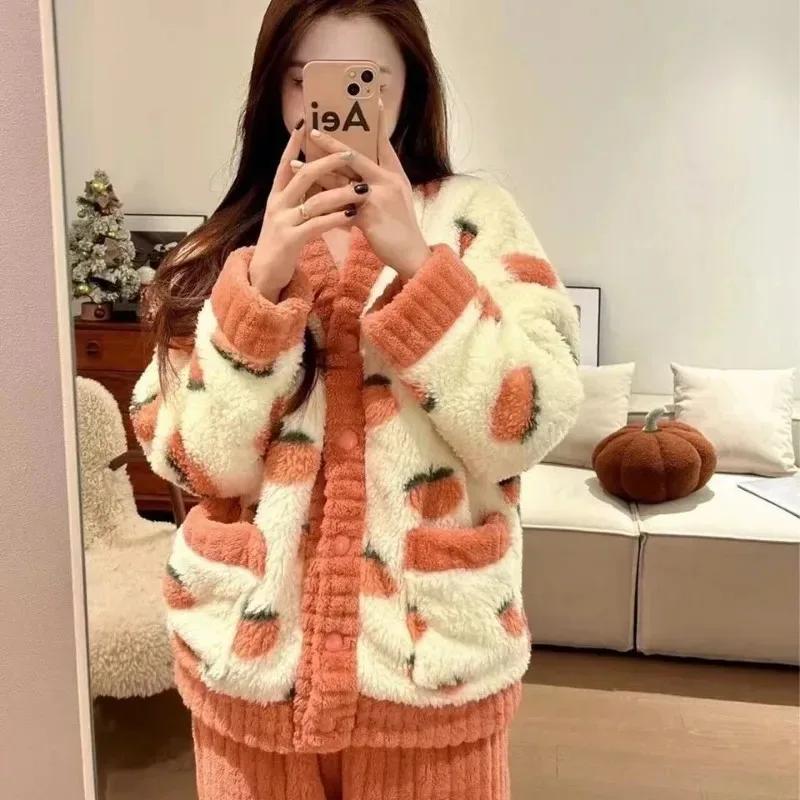Suits Homewear Autumn Winter Kawaii Cartoon Pajama Sets Women Pyjamas Warm Flannel Loung Sleepwear Girl Pijama Mujer Night