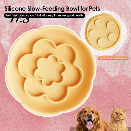 Slow Feed Dog Bowl With Suction Cups Feeder Pet Food Bowl, Soft Silicone Eating Cat with Anti-choke Cups, Double-Layer Texture Flower Shape