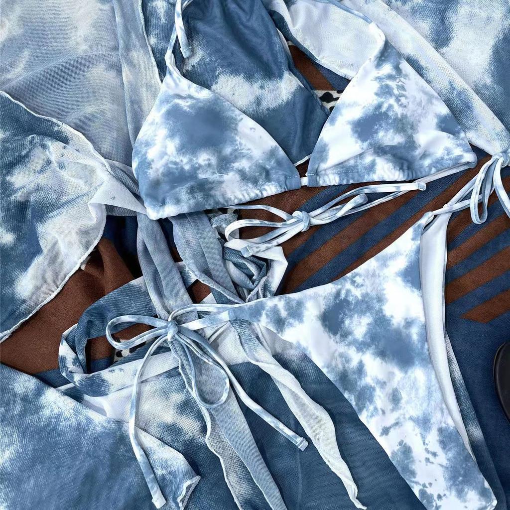 Women's Sexy Bikini Set 4 Pieces Swimwear Set Padded Halter Backless Top Tie Side Thong Beach Cover-ups Swimsuit Gradient Color Bathing Suit