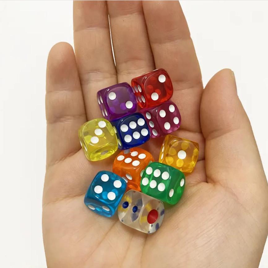 10Pieces/Lot 12mm Clear Acrylic 6 Sided D6 Point Dice With Round angle Dice For Club/Party/Family Board Games