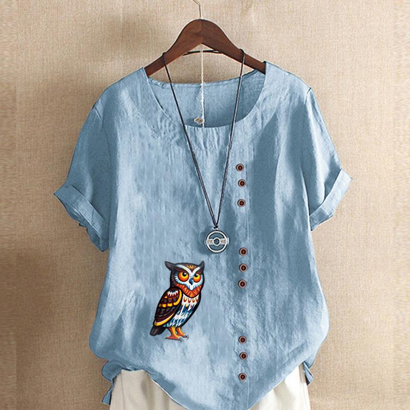 Women's Fashion Round Neck Short Sleeve T-shirt Casual Cotton Linen Graphic Shirt Leisure Loose Owl Print Prined Summer Blouse Tops
