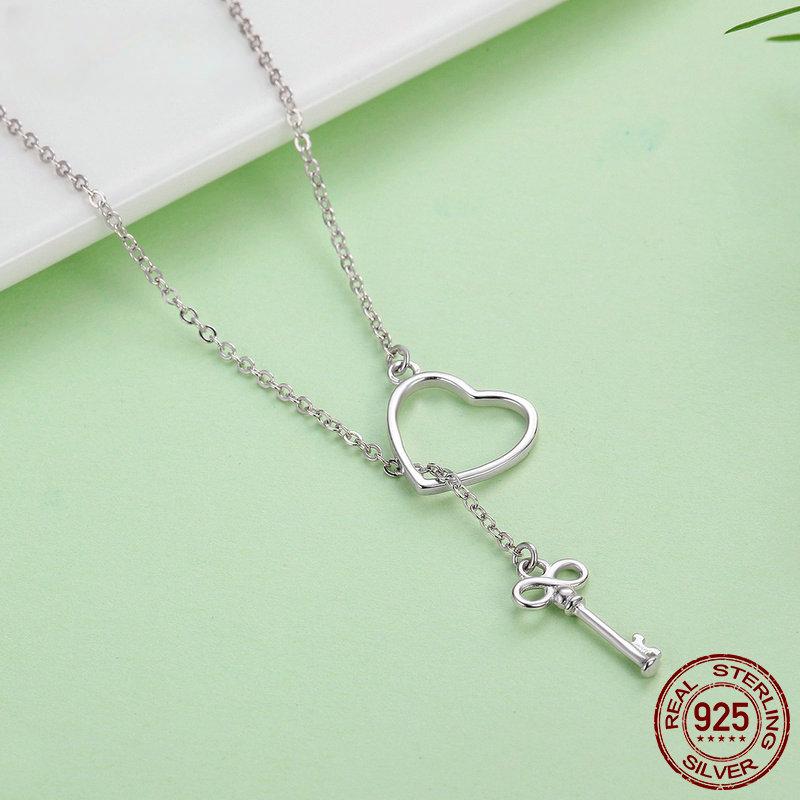 S925 Sterling Silver Sweet Key of Heart Lock Link Chain Necklaces & Pendants Women Luxury Sterling Silver Jewelry
