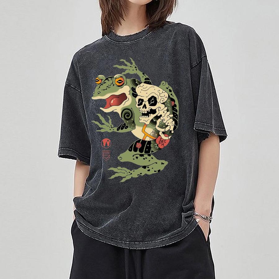 Винтажный принт с черепом лягушки, женская стираная футболка из хлопка, свободного покроя, со средним рукавом, унисекс, повседневный, забавный, модный топ
