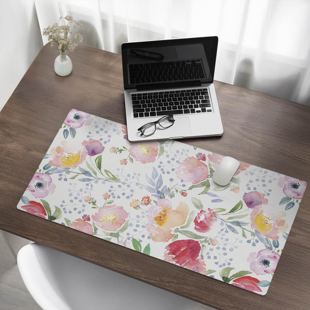 Protective Decorative Mat for Office Table Floral Watercolor Pattern 100x50 cm