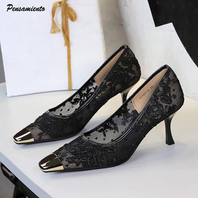 Мода Мода Металлический Квадратный носок Кружево Воздушная сетка Женские туфли-лодочки Элегантные Тонкие Высокие каблуки Туфли для офисной леди Весна Осень Вечеринка Платье Туфли