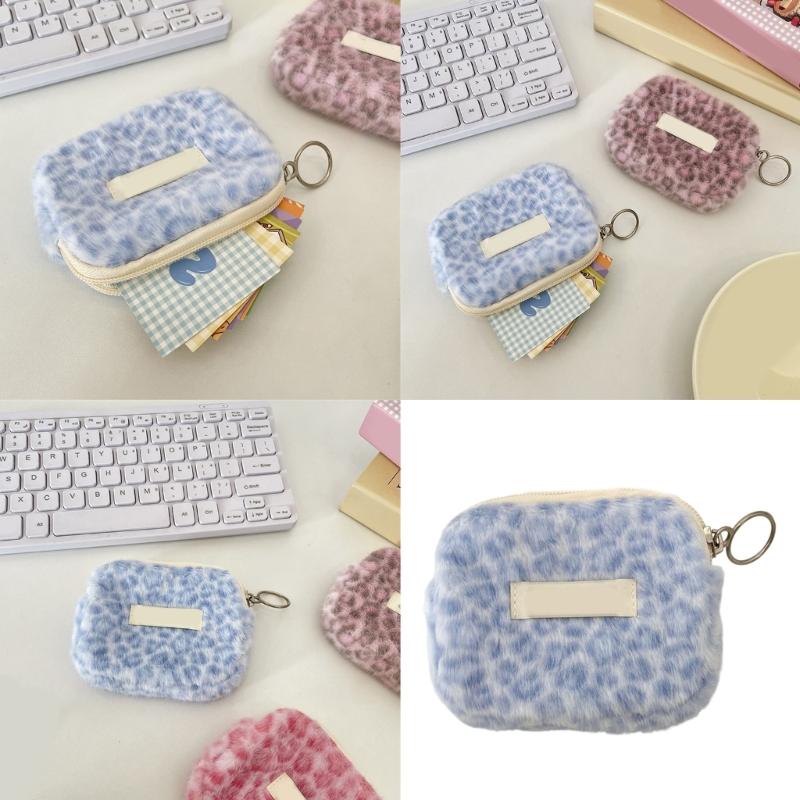 Плюшевый многофункциональный мешочек с принтом леопарда и гладкими молниями для организации ID-карт, мелочи, ключей и мелких предметов