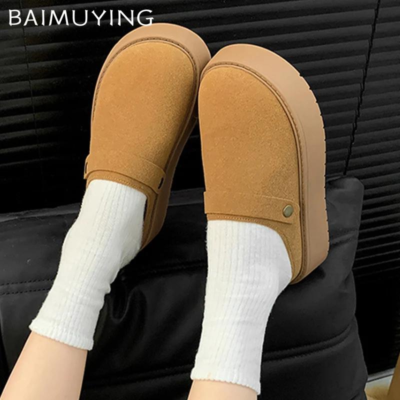 Туфли на плоской подошве женские мюли туфли замшевые на платформе новые хлопковые тапочки 2025 тренд короткие плюшевые зимние сапоги для снега домашние уютные женские туфли