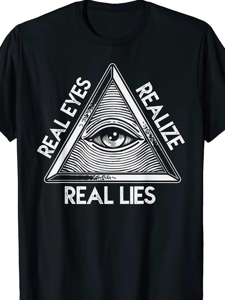 Мужская хлопковая футболка с графическим принтом "Real Eyes Realize Real Lies" - Черная Повседневная с круглым вырезом Унисекс