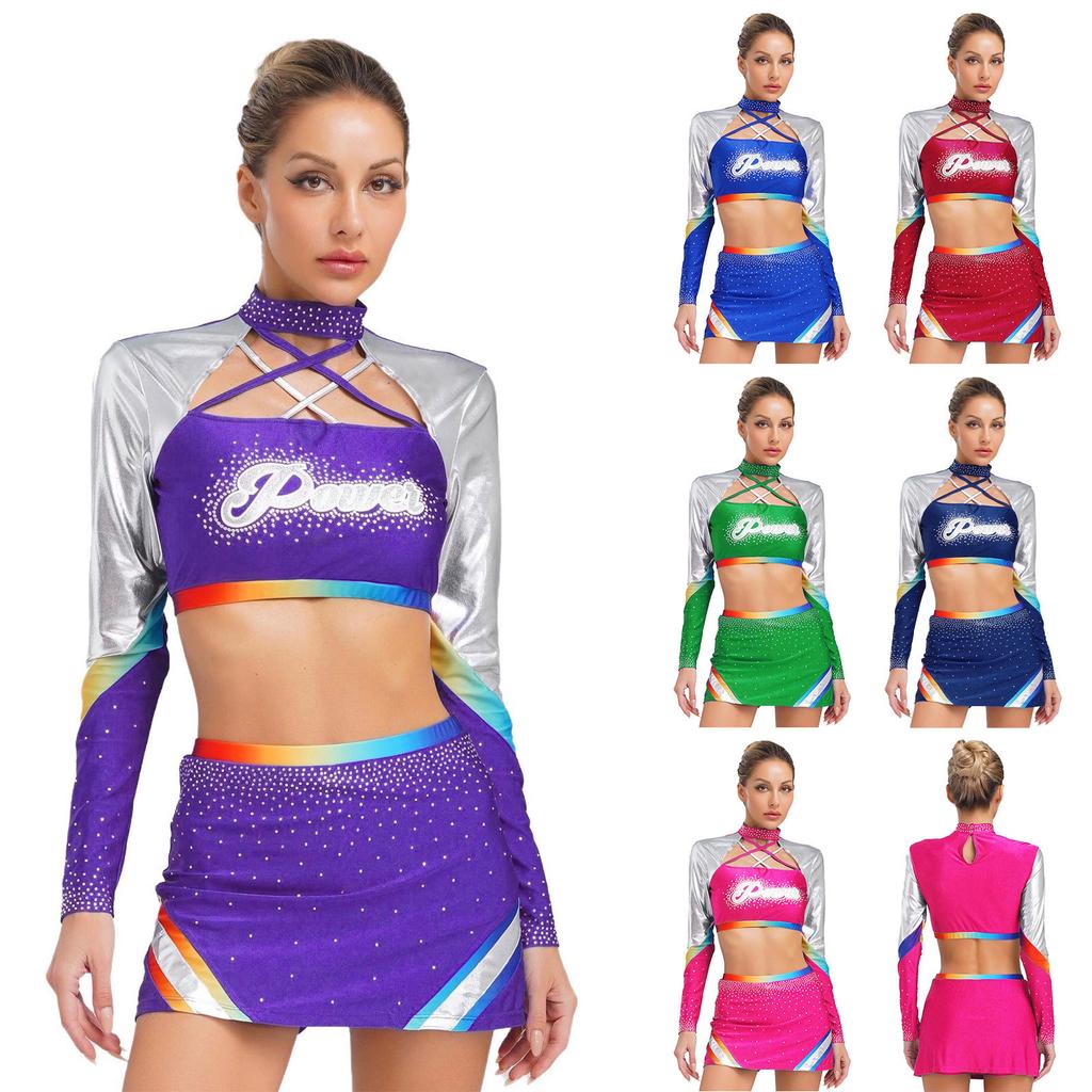 Women Long Sleeve Cross Straps Crop Top Rhinestone Cheerleading Uniform Dance Skirt Set