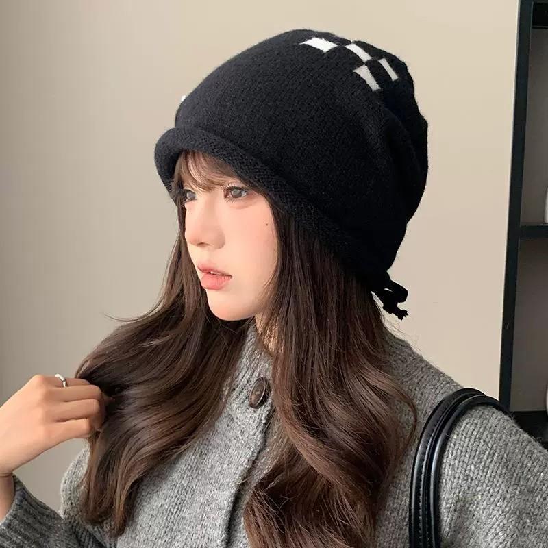 New drawstring type knitted wool hat children's big head circumference versatile bag head loose version cold hat Internet celebrity stacking hat