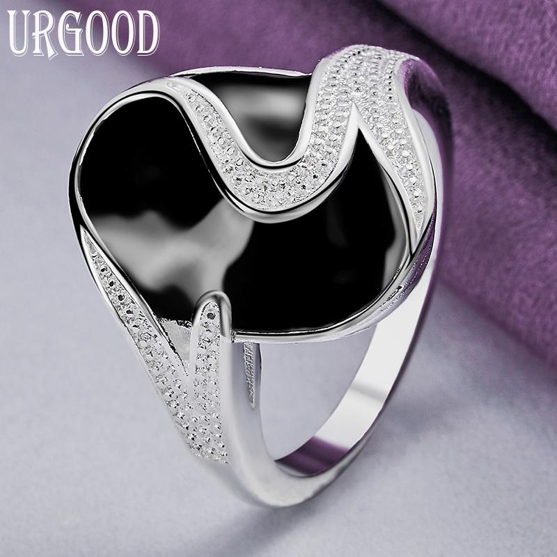 925 Sterling Silver AAA Zircon Epoxy Resin Black Ring Jewelry