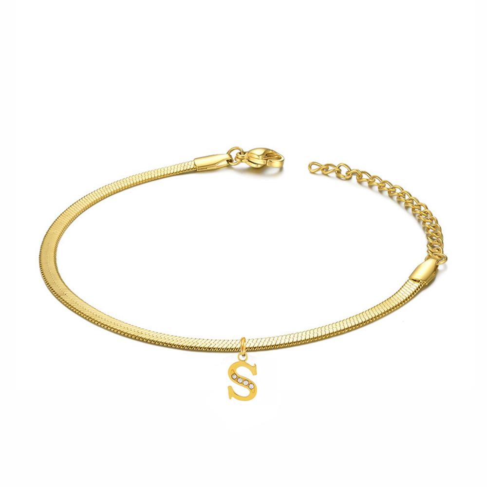 Punk 3mm Flat Snake Chain Bracelet Female Gold Color Stainless Steel Alphabet Initial Letter Charm Bracelet for Women Jewelry