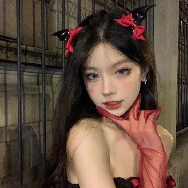 Gothic Dark Demon Bat Hair Clip Y2K Funny Bow Design Halloween Cos Photography Decor Headdress