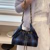 Stylish Plaid Drawstring Bucket Bag Women's Korean Versatile Chain Shoulder Bag Multi-pocket Magnetic Snap Casual Handbag