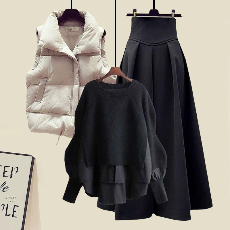 Women Large Loose Fake Two-piece Sweater Versatile Vest Slimming Half Skirt Three Piece Set