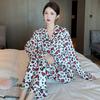 Весна и осень Ледяной Шелк Женская Пижама Домашний Комплект Девочек Свободная Мода Леопард Любовь Длинные Рукава Пижама Женский Костюм