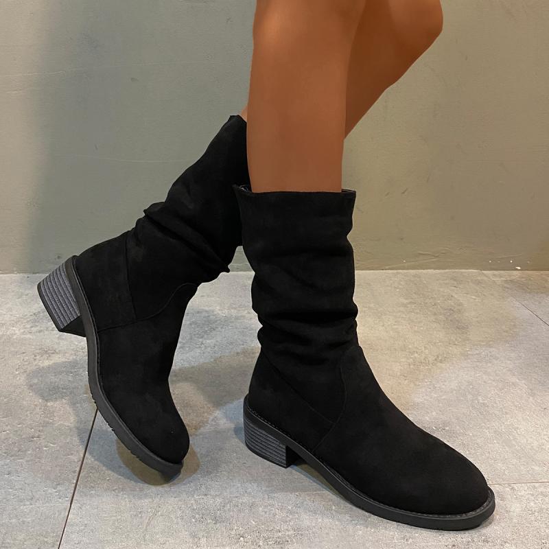 Fashion Classic Solid Black Suede Mid Calf Western Boots Women Brand Designer Medium Heel Riding Boots Sexy Pleated Silp On Winter Shoes