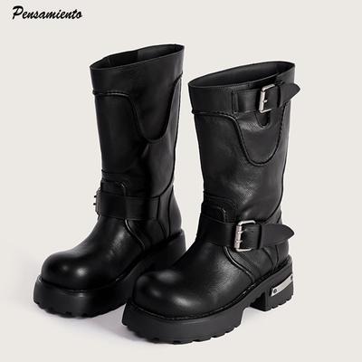 Мода Уличный Стиль Мода Лакированная Кожа Женские Мотоциклетные Сапоги Осень Зима Платформа Толстый Высокий каблук Панк До середины икры Рыцарские Ботильоны
