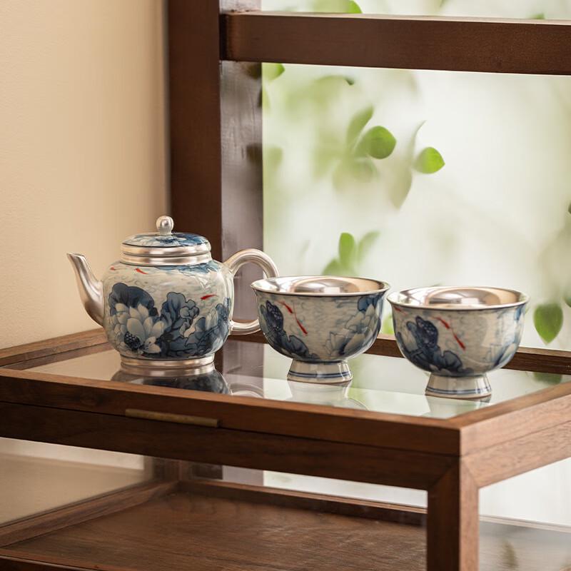 Gilded Silver Lotus Blue & White Porcelain Tea Set