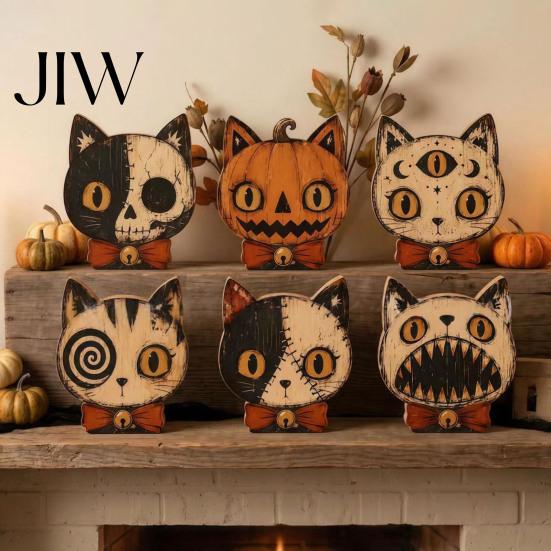 Premium Solid Wood Art Halloween Wooden Ornaments, Distressed Pumpkin/Cat Decorations, Desktop & Wall Durable Tabletop Decors for Autumn Harvest