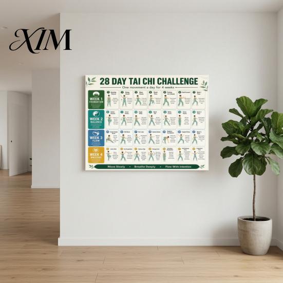Coordinated Movement Plan 28 Day Tai Chi Challenge Poster, Beginner Guide Chart, Exercise Poster Standing Home Workout Routine, Gentle Exercises