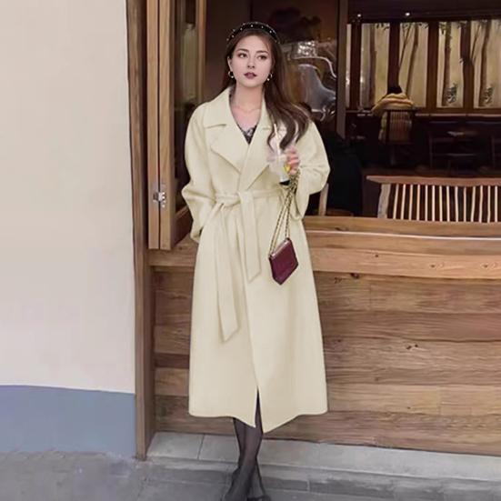 Women Winter Overcoat with Belt Turn-down Collar Pockets Pure Color Cardigan Mid Length Coat Thermal Long Sleeves Commuting Dating Winter Coat