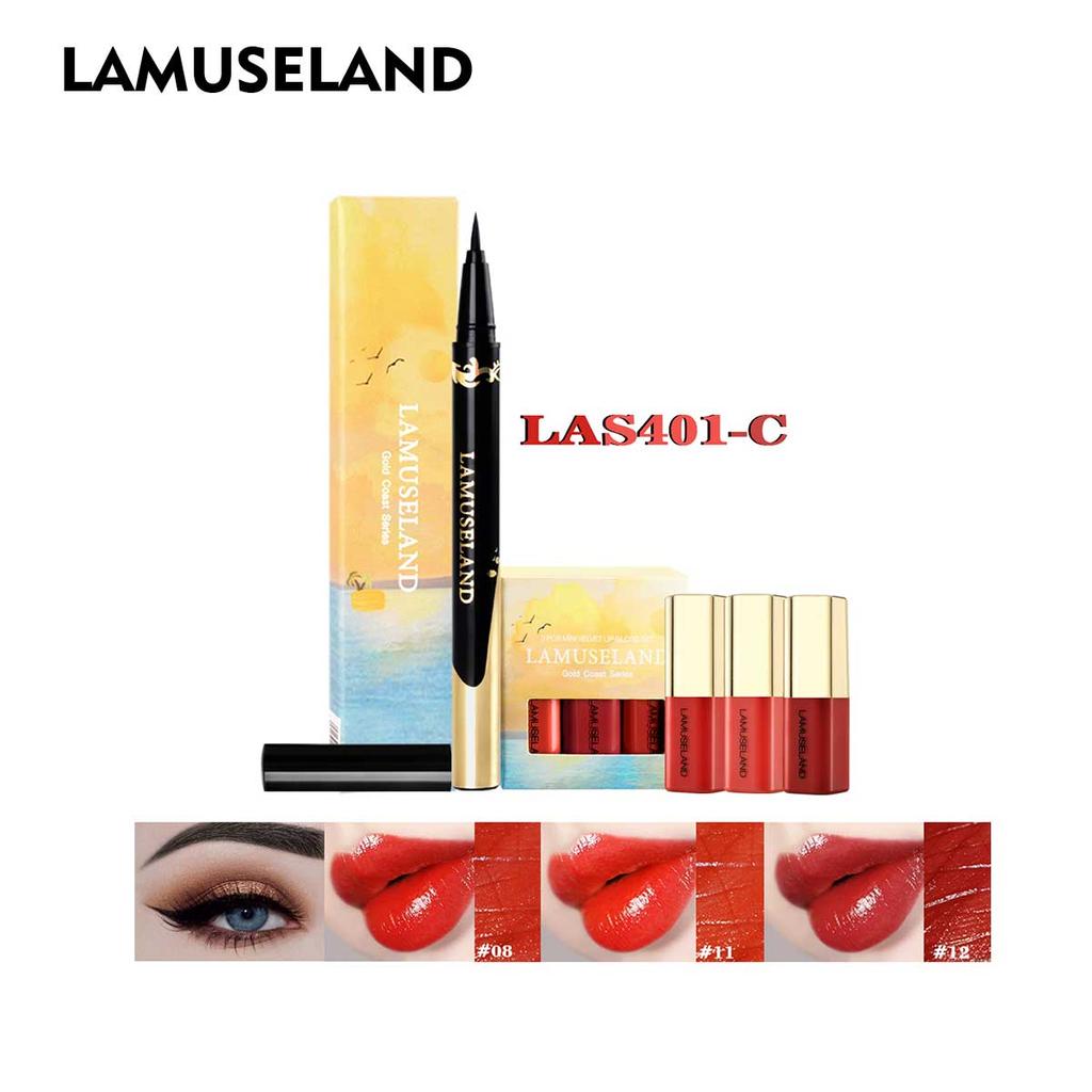 LAMUSELAND Набор для макияжа, 3 шт./компл. блеск для губ и водостойкая черная подводка для глаз #LAS401