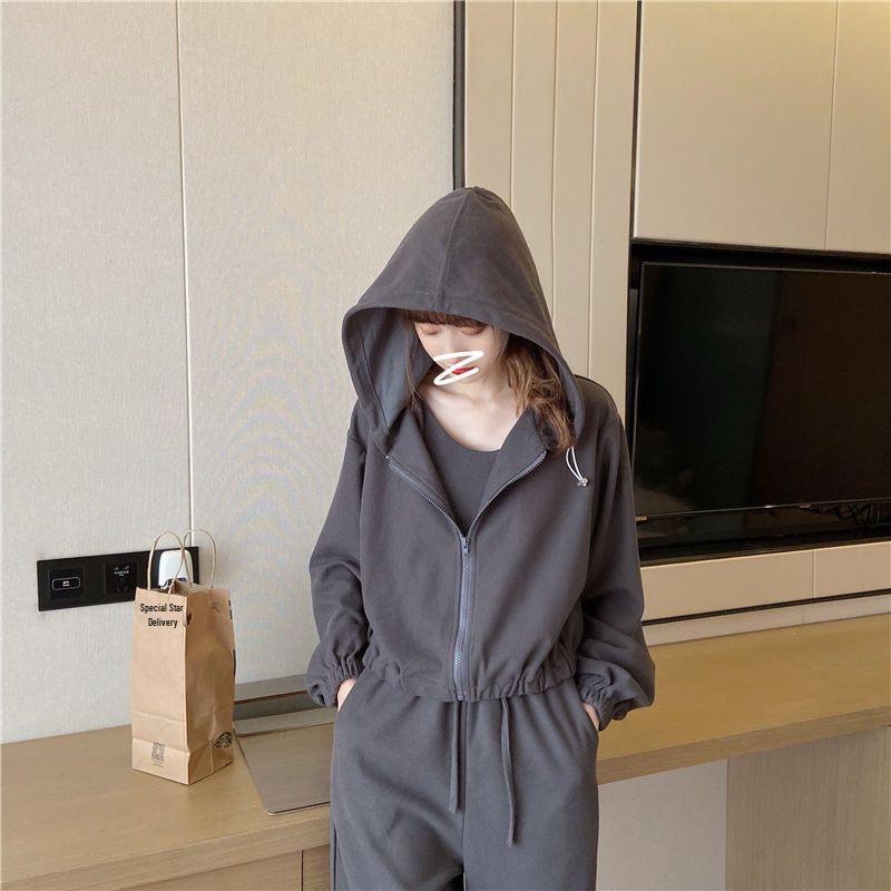 Women's Spring 2025 Three-Piece Tracksuit: Simple Hooded Jacket & Long Pants Set, Long-Sleeved Design
