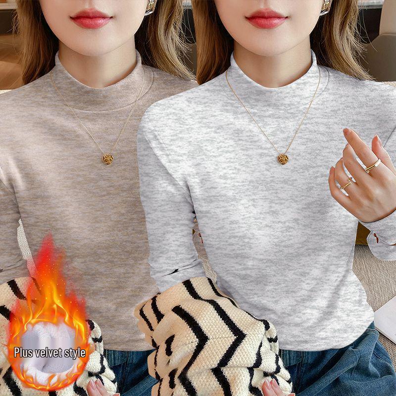 Осень 2025 Большой размер Приталенный Топ-база с длинным рукавом Свободный для женщин с воротником-стойкой