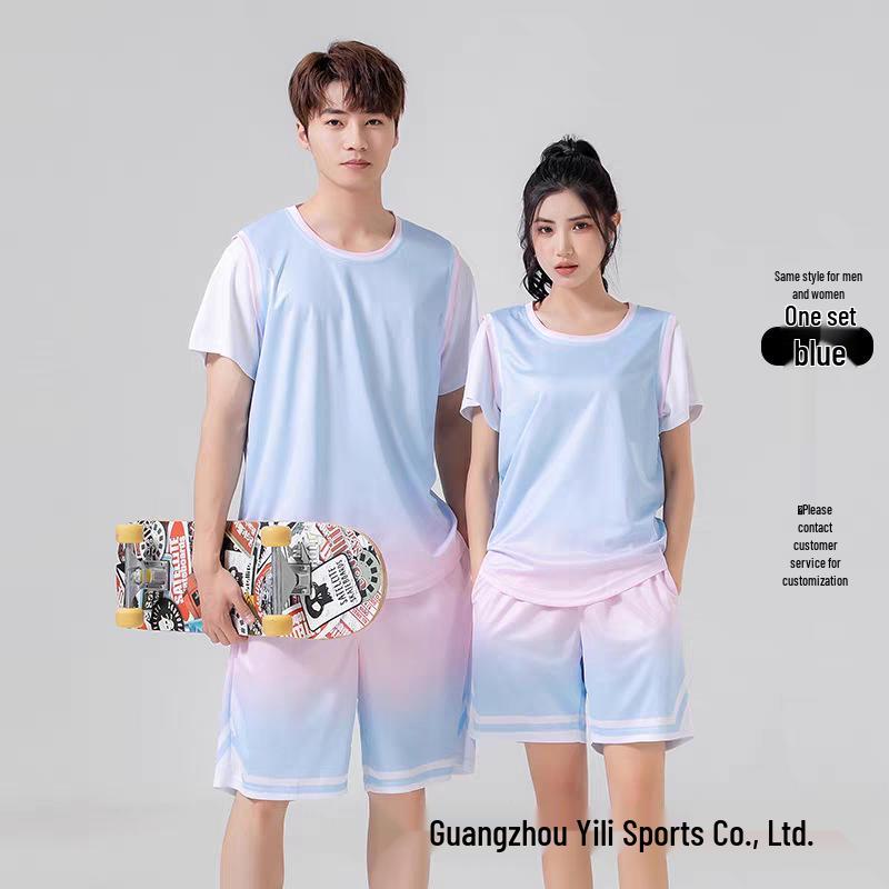 Unisex Gradient Basketball Jersey Set, Fake Two-Piece Short Sleeve, College Competition Training Uniform, Customizable Summer Jersey.