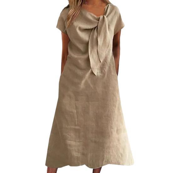 Женское платье миди с декорированным воротником и бретельками, платье с коротким рукавом, однотонное свободное летнее повседневное платье