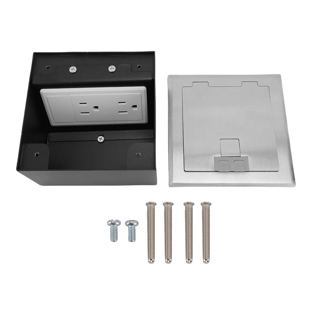 Recessed Floor Socket Double 3 Prong Outlets Electrical Receptacle Stainless Steel Box Kit Silver