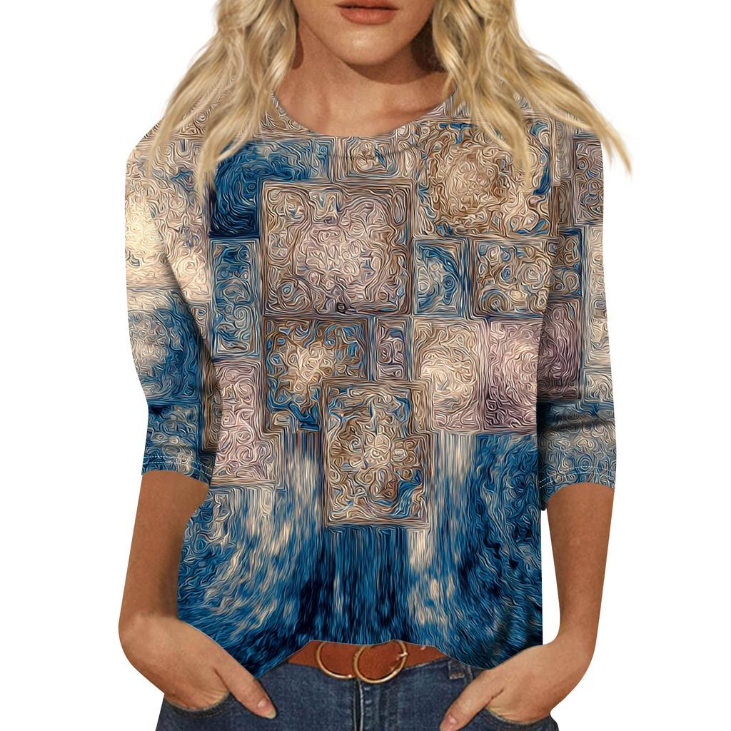 Модный винтажный топ с рукавом три четверти для женщин, женская повседневная блузка-футболка с круглым вырезом и принтом