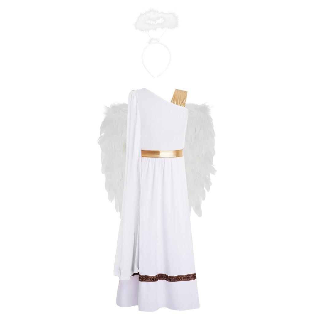 Girls 3 Pieces Greek God Roman Costume Outfit Metallic Gloss Patchwork Sleeveless Dress with Feather Angel Wings and Hair Hoop Cosplay Stage