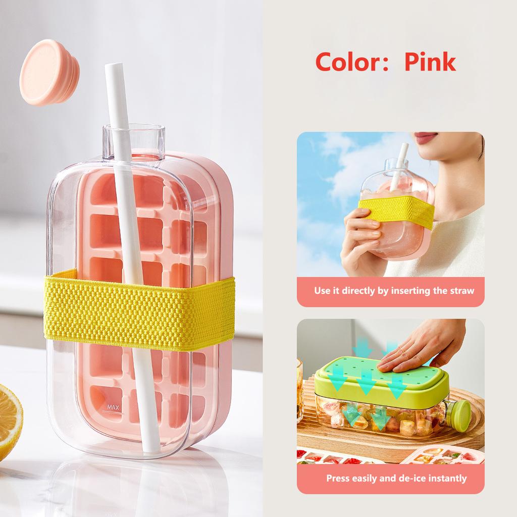 Ice Cube Tray Bottle With Lid No Touch No Spill Freezer Ice Tray With Straw Cable Tie Mold Reusable Food Grade Ices Maker Gadget