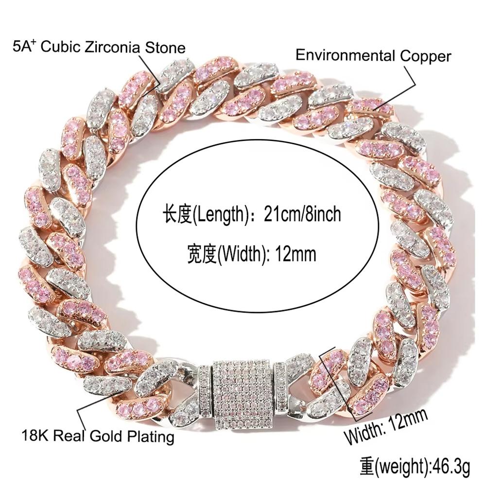 12mm Two Tone Iced Out Pink and Silver CZ Cuban Link Bracelet Hip Hop Jewelry for Women Men in Stock Ready to Ship