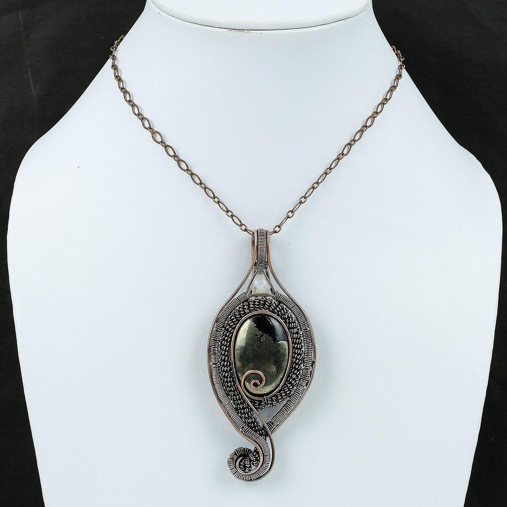 Пирит Медный кулон с проволочной обмоткой, медная проволочная обмотка, ювелирные изделия, радужная подвеска с лунным камнем, подарок для него, ювелирные изделия из пирита ручной работы