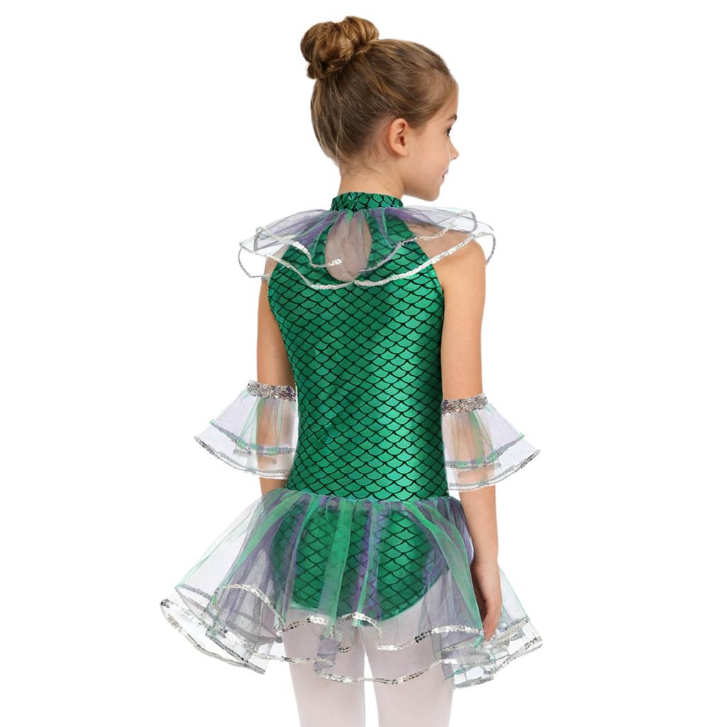 Girls Halloween Mermaid Cosplay Costume Sleeveless Mermaid Fish Scales Print Mesh Sequins Bodysuit with Arm Sleeves Holiday Party Costume